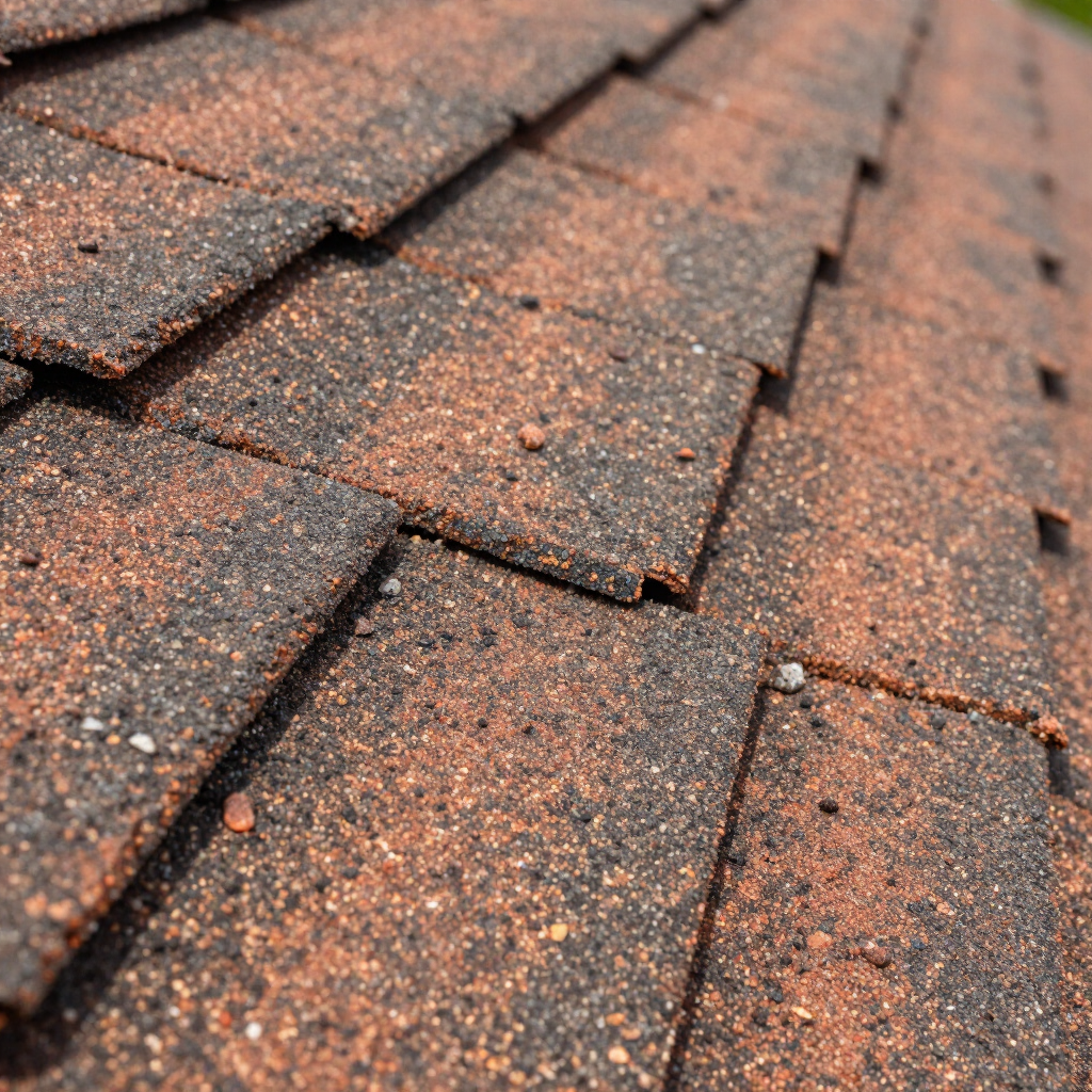 Close-up of weathered brown roof shingles with speckled granules
