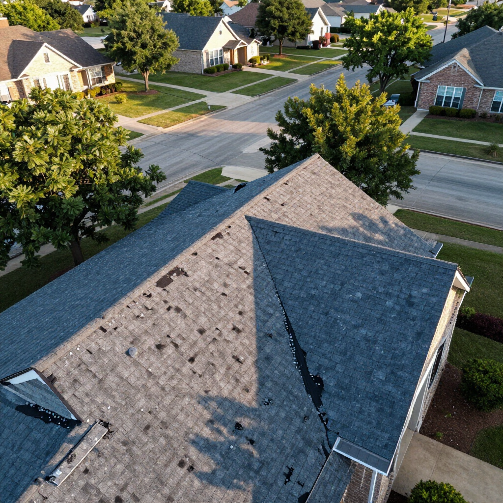 Aerial view of a gray shingle roof in a suburban neighborhood with trees and houses nearby.