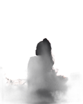 Silhouetted person standing in misty smoke against a bright white background