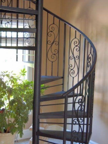 A spiral staircase with a plant in the background