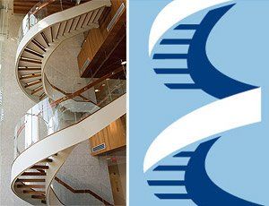 staircase in Einstein's Price Center Research Pavilion and the new Einstein logo
