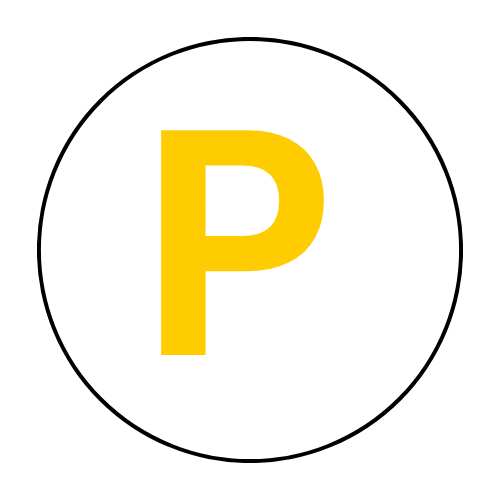 A yellow letter p is in a white circle on a white background.