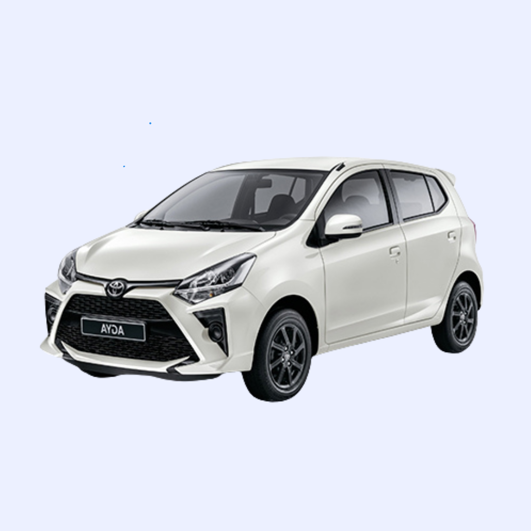 A white toyota agya hatchback is shown on a white background.