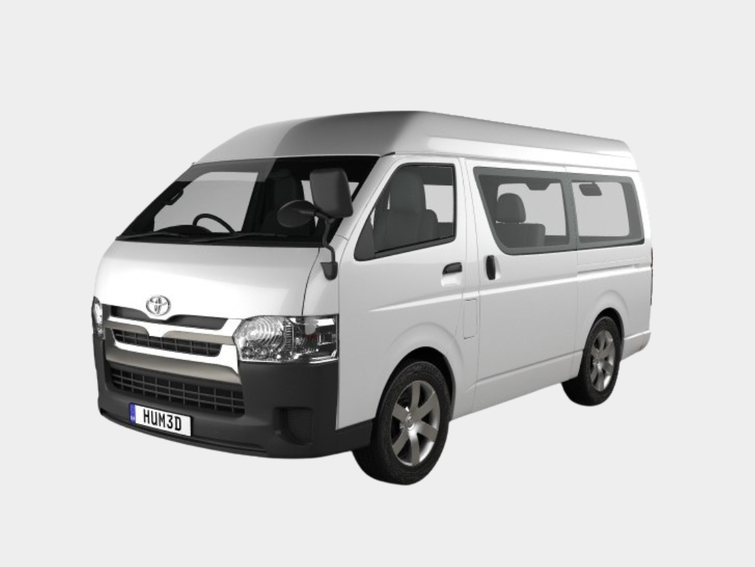 A white van is sitting on a white surface.