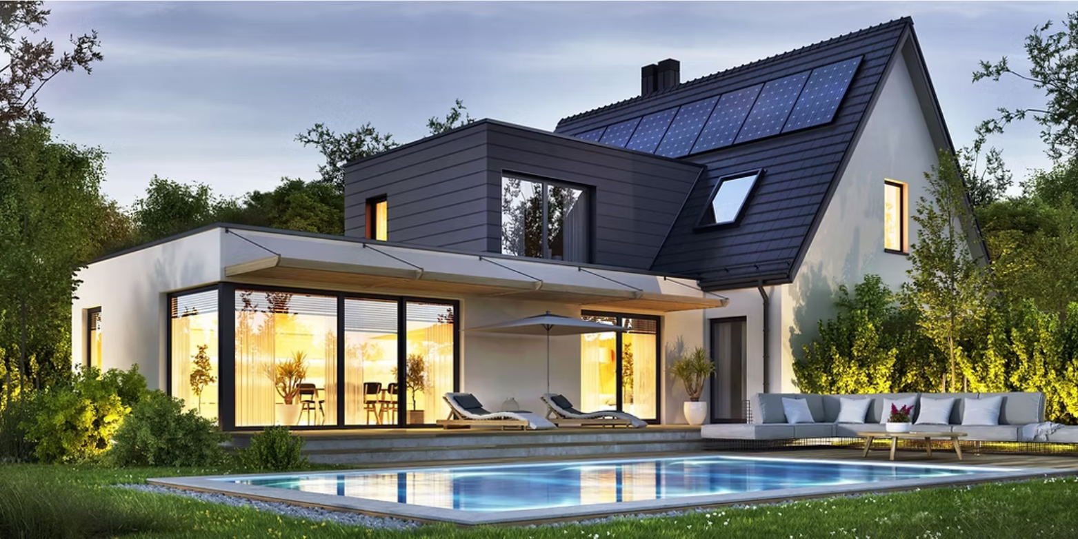 Modern house with pool, outdoor seating, solar panels on roof.