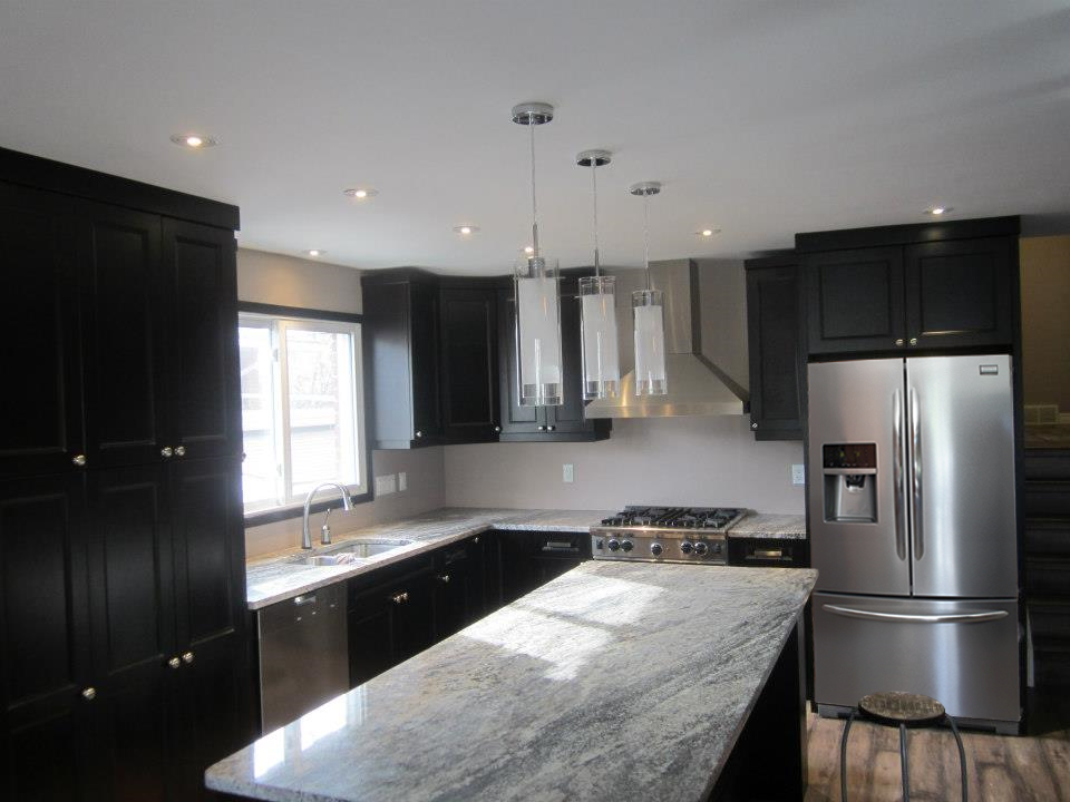 Modern kitchen with black cabinets, stainless steel appliances, and a granite countertop.