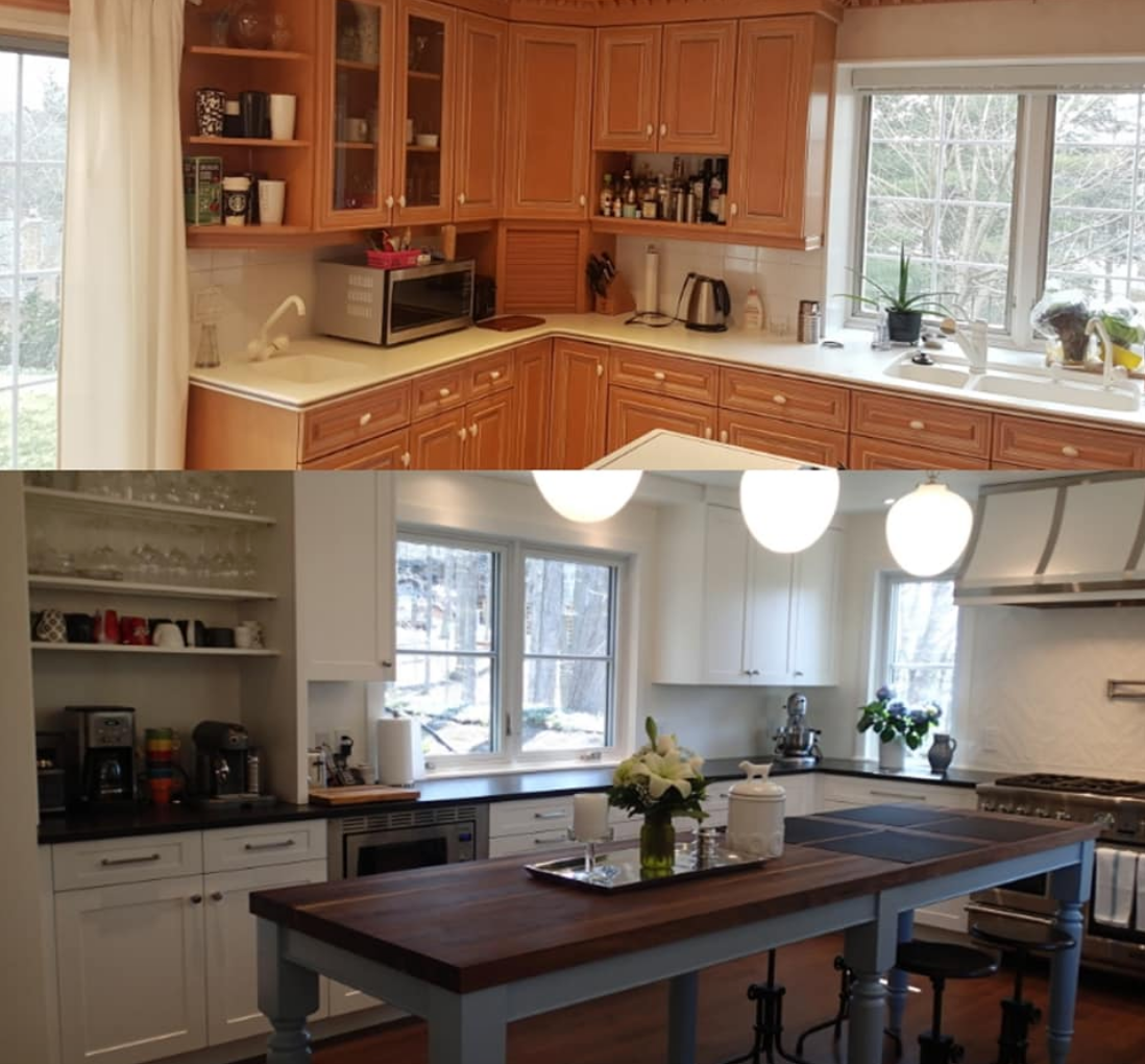 Kitchen remodel: top, warm wood cabinets; bottom, white cabinets with island.