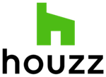 Houzz logo: green house icon above the black word