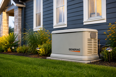 Generator beside blue house and lawn, with shrubs and evening exterior lighting