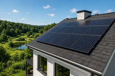 Solar panels on a house roof overlooking a green valley and lake under a blue sky