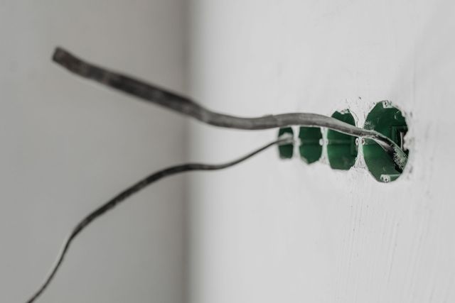 Two exposed black wires protruding from a green electrical outlet hole in a white wall