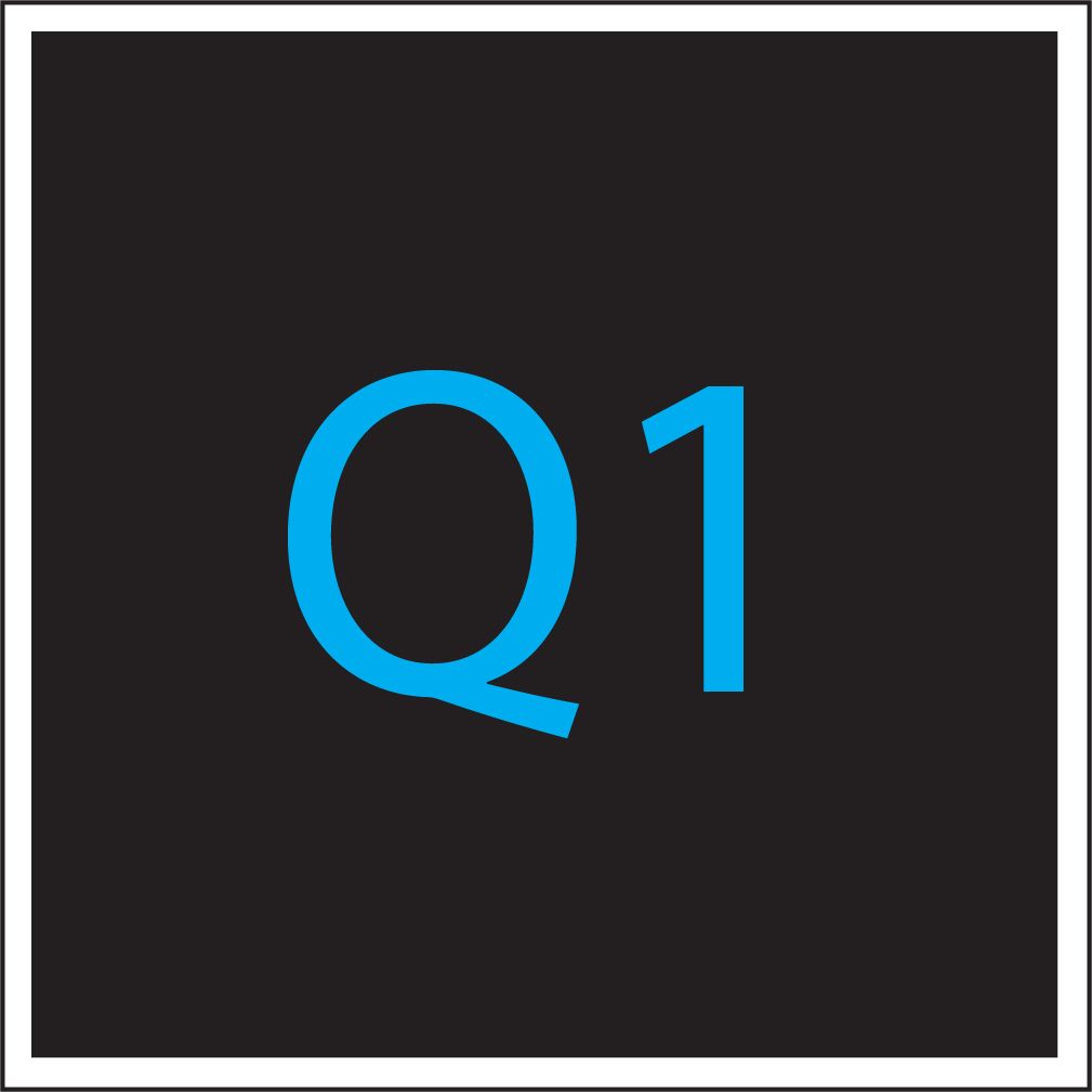 Blue “Q1” text on a dark square background