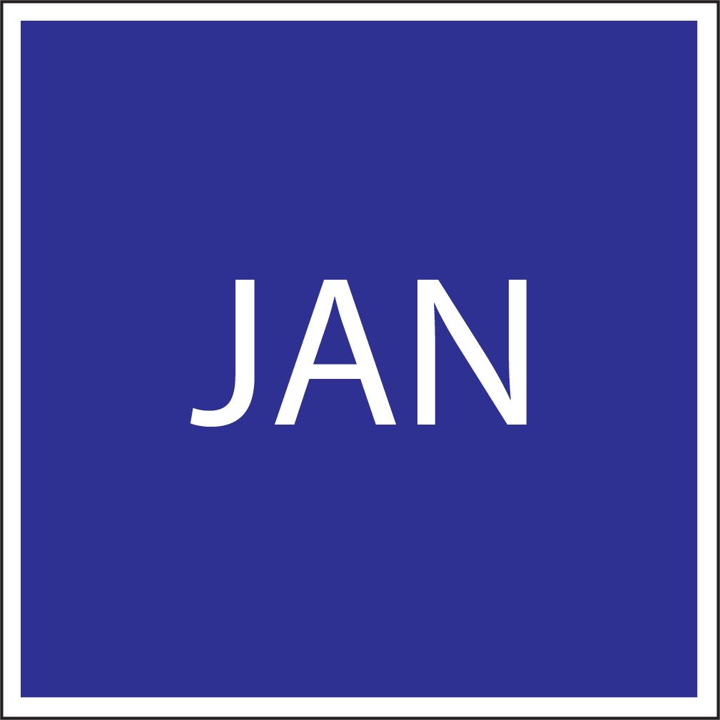 Blue square calendar icon labeled “JAN” in white text