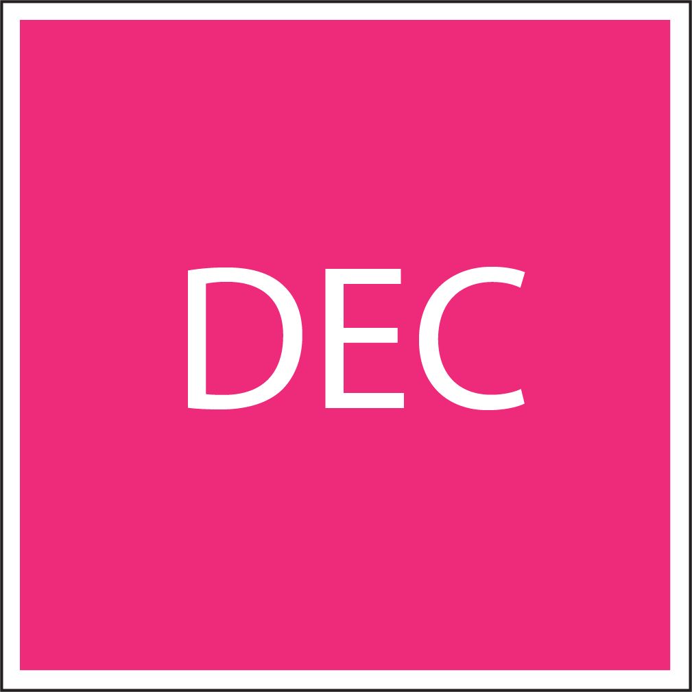 Pink square with the white letters “DEC” centered inside.