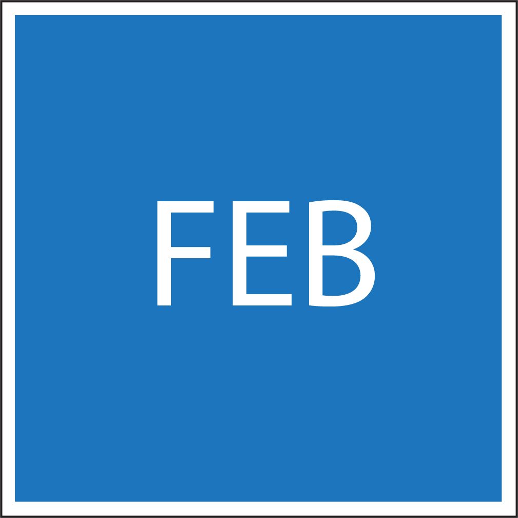 Blue square calendar icon with white text “FEB” centered inside a white border.