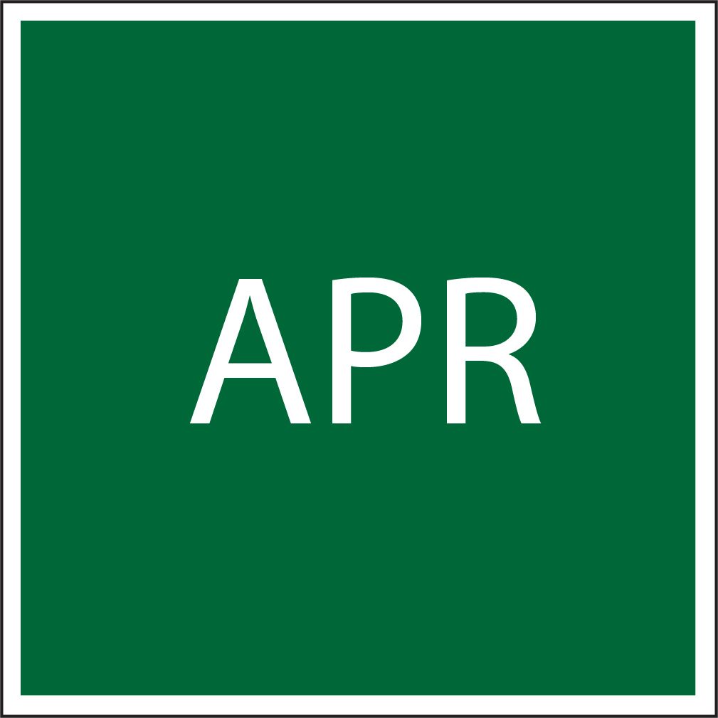Green square sign with white border and the letters “APR” in white