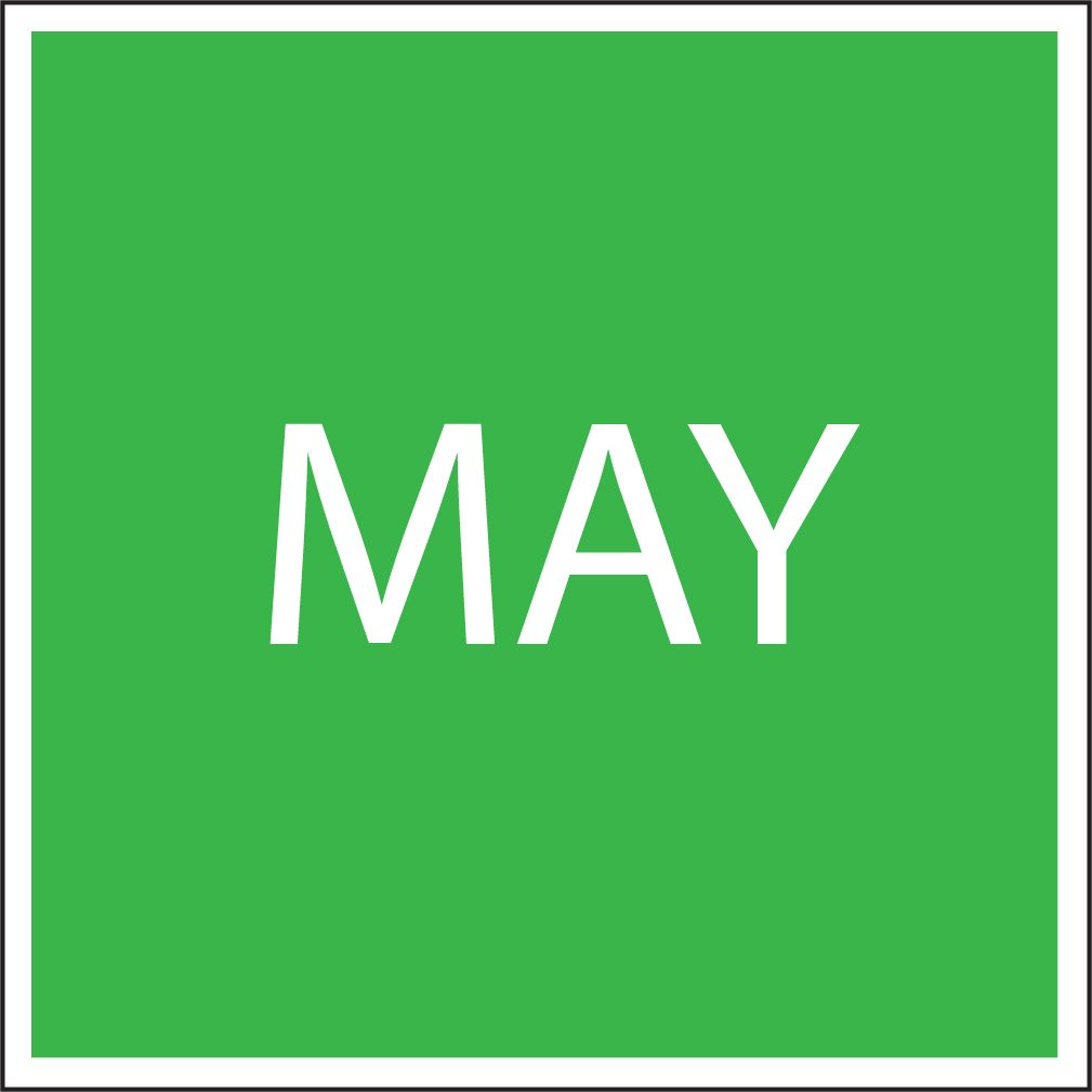 Green square calendar icon with the word “MAY” in white text.