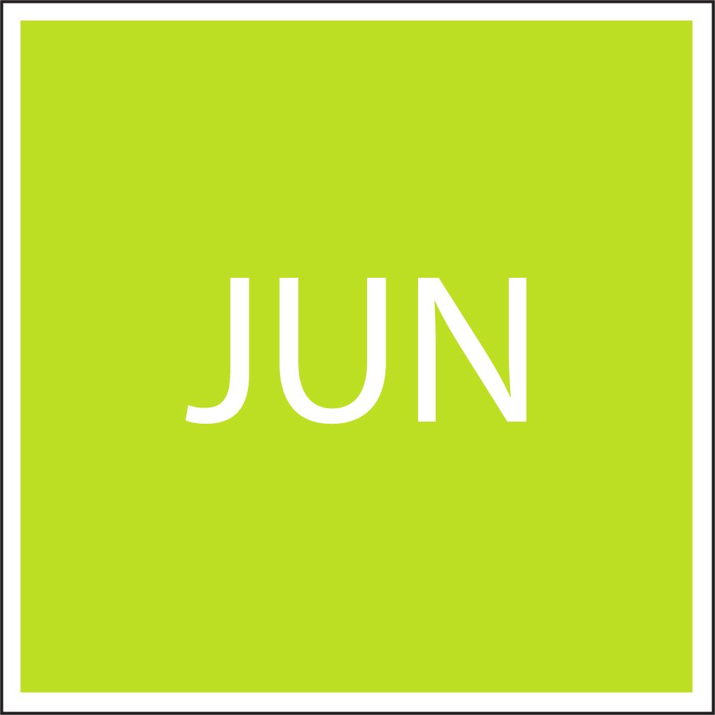 White “JUN” text on a bright green square calendar tile.