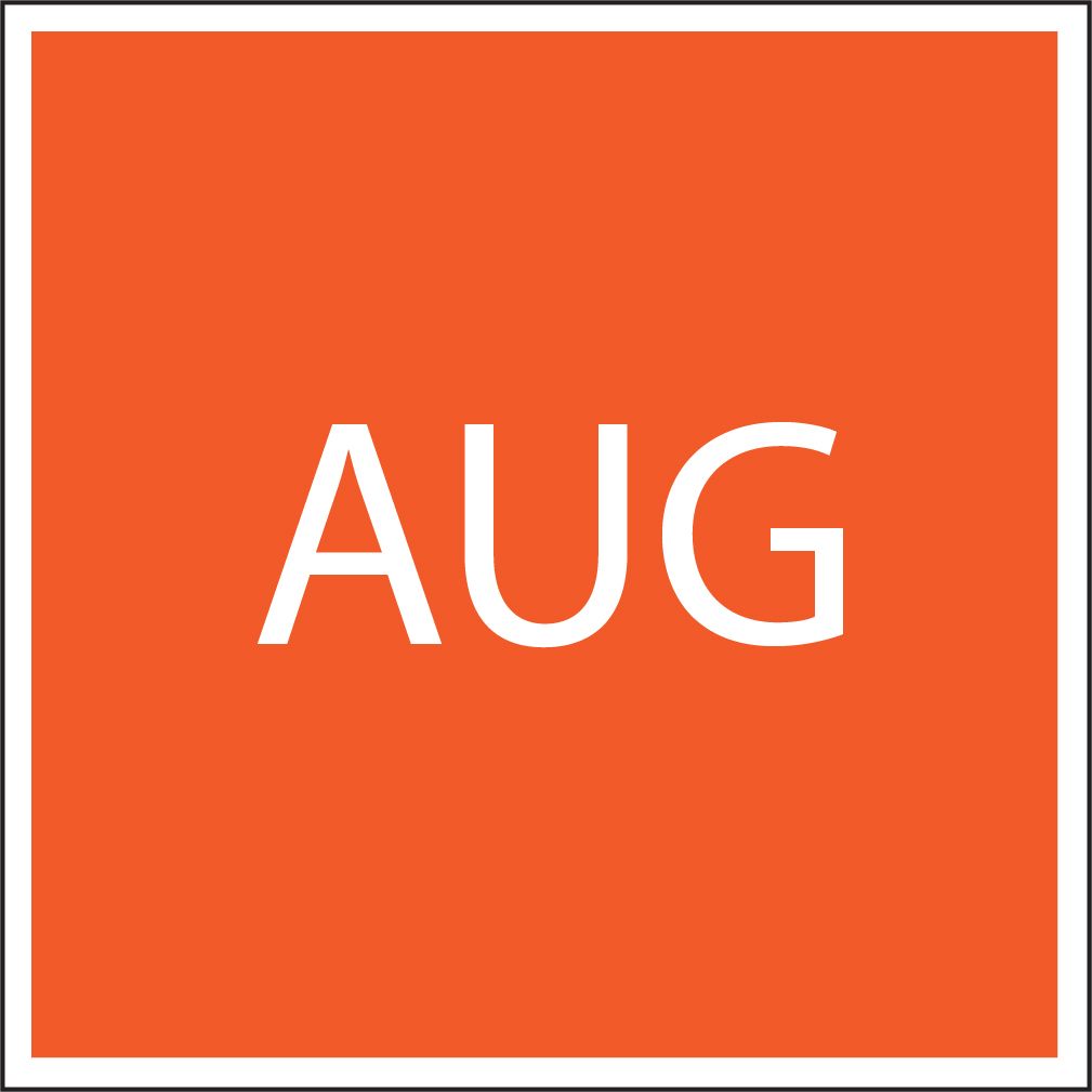 Orange square icon with white “AUG” text centered.