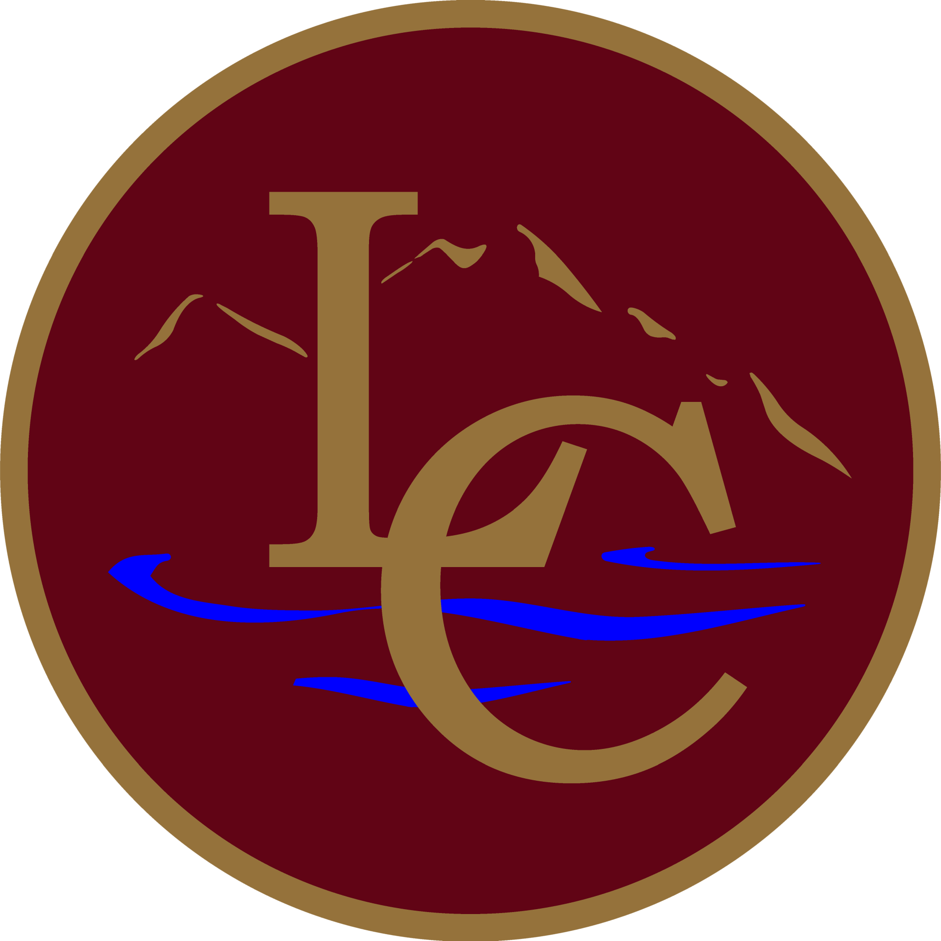Maroon circular logo with gold border, stylized LC letters, mountains, and blue waves