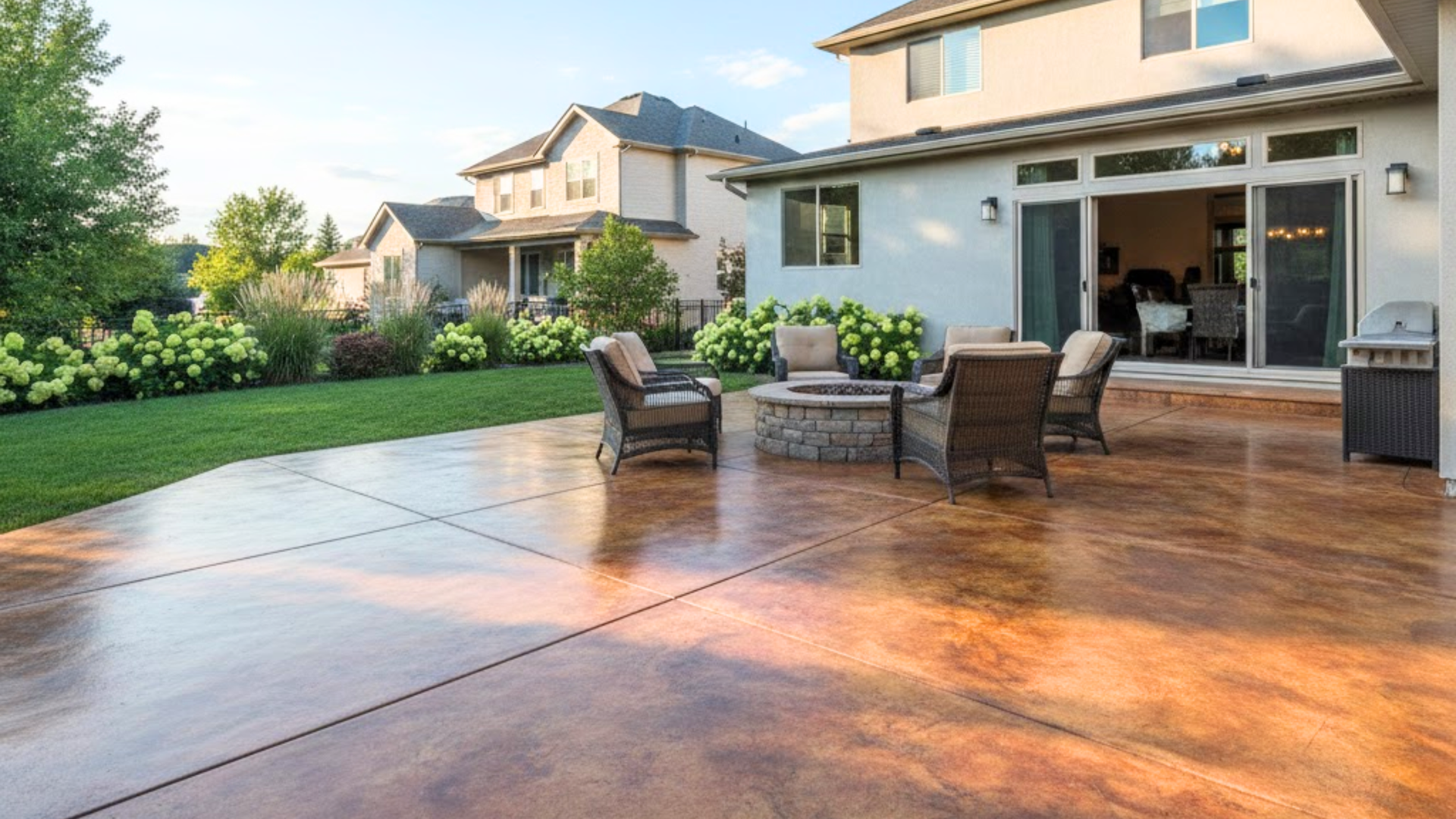 Colored and stained concrete patio with earth-tone finish complementing outdoor landscaping.