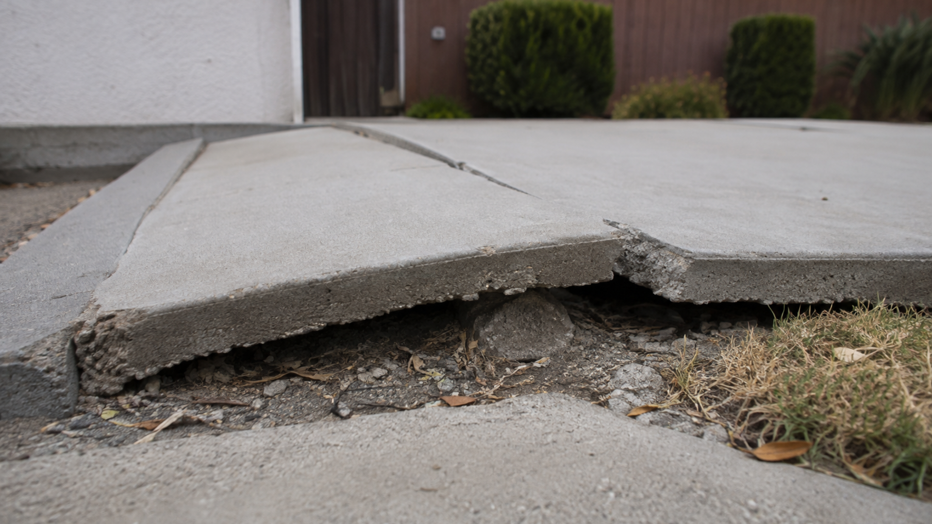 Concrete slab lifted and cracked by soil heaving from below