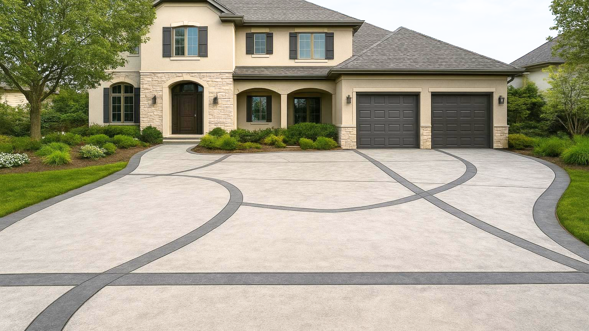 Decorative concrete driveway with curved border design in front of Southern California home
