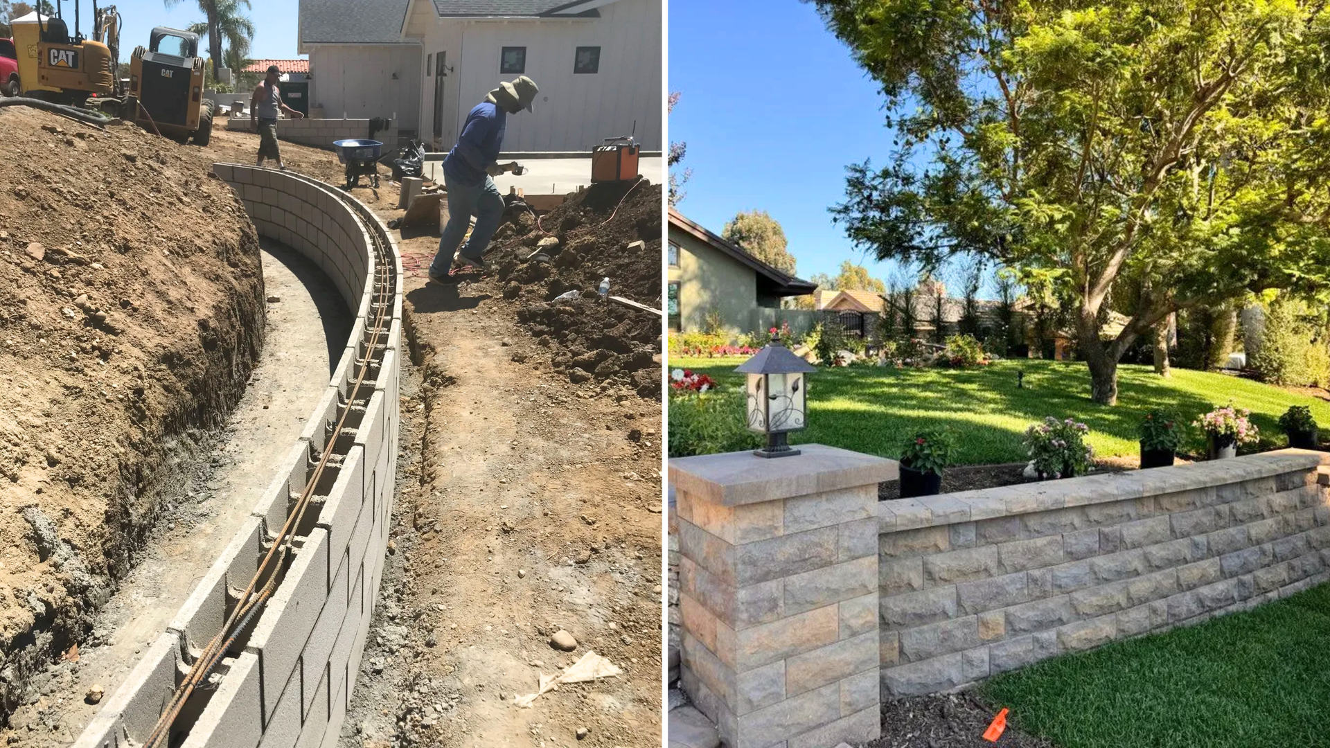 Concrete retaining wall supporting elevated yard with wooden privacy fence on top