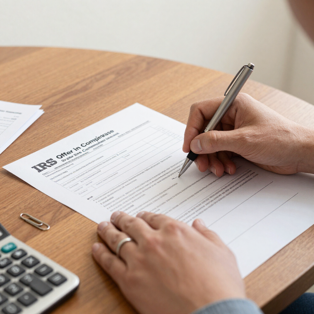 Hands signing a document at a wooden desk with a calculator and paperclip nearby