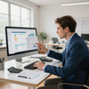 Man in a blue suit analyzing financial charts on a desktop computer in a bright office