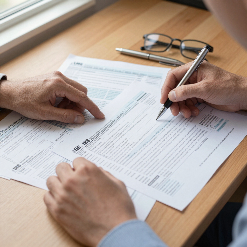 Two hands filling out a form on a wooden desk, with glasses and a pen nearby.