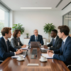 Business meeting around a conference table with laptops, papers, and coffee in a bright office