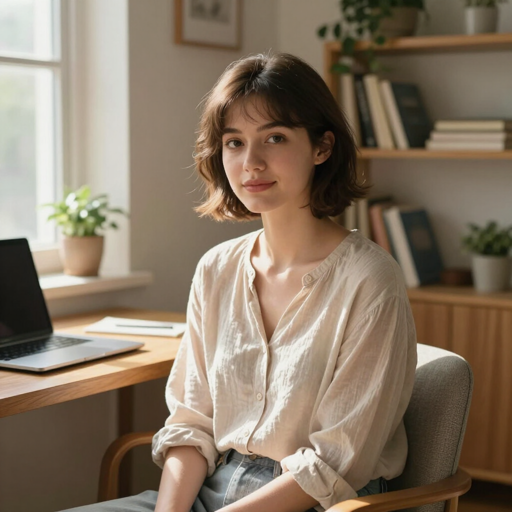 Woman seated at a desk in a sunlit home office, with laptop, plants, and shelves in the background