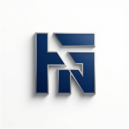 Blue and silver stylized monogram logo on a white background with a drop shadow