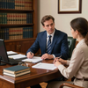 Two people in an office meeting across a desk, discussing documents beside a laptop and bookshelves.