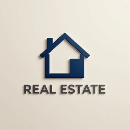 Blue house icon above the words “REAL ESTATE” on a light background