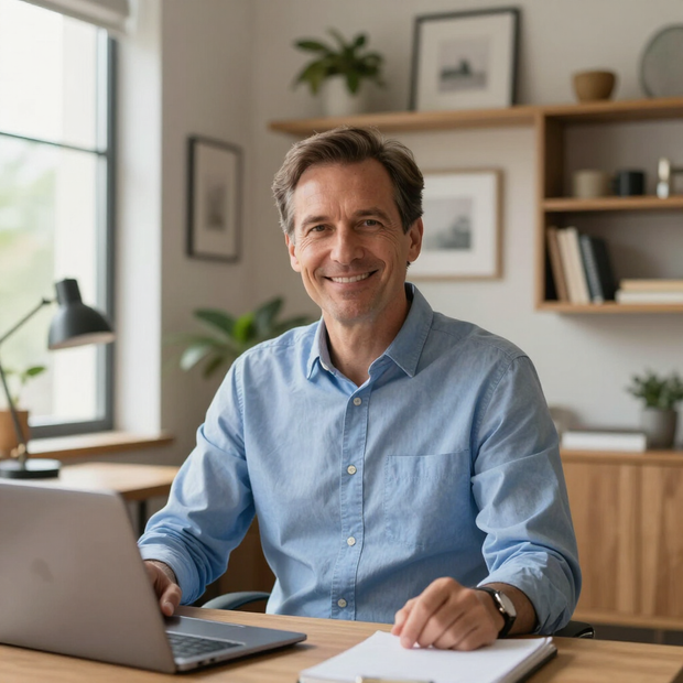 Smiling man in a blue shirt using a laptop at a desk in a bright home office