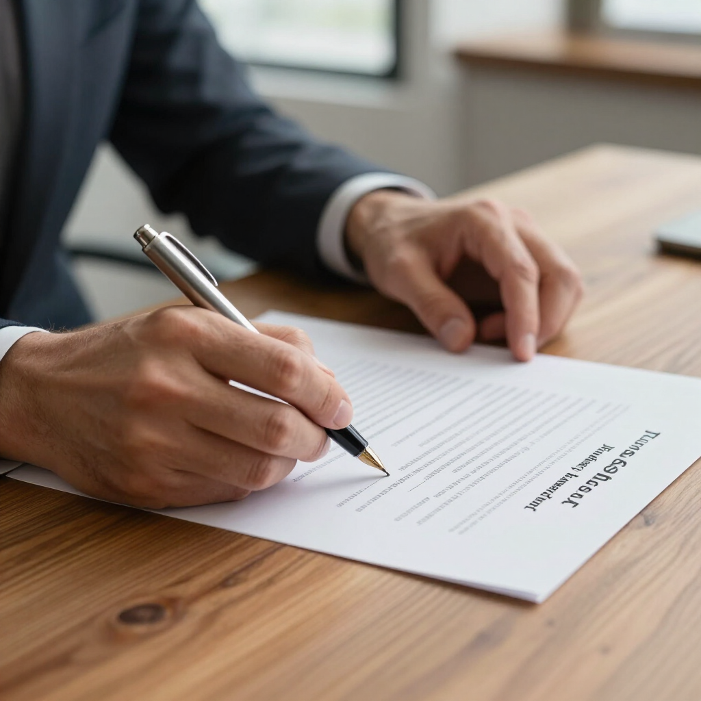 Hands signing a document on a wooden table with a pen