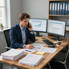 Man in a blue suit on the phone at a desk with paperwork and dual monitors showing charts