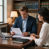 Two colleagues review documents at a desk in a book-lined office, with a laptop and lamp nearby.