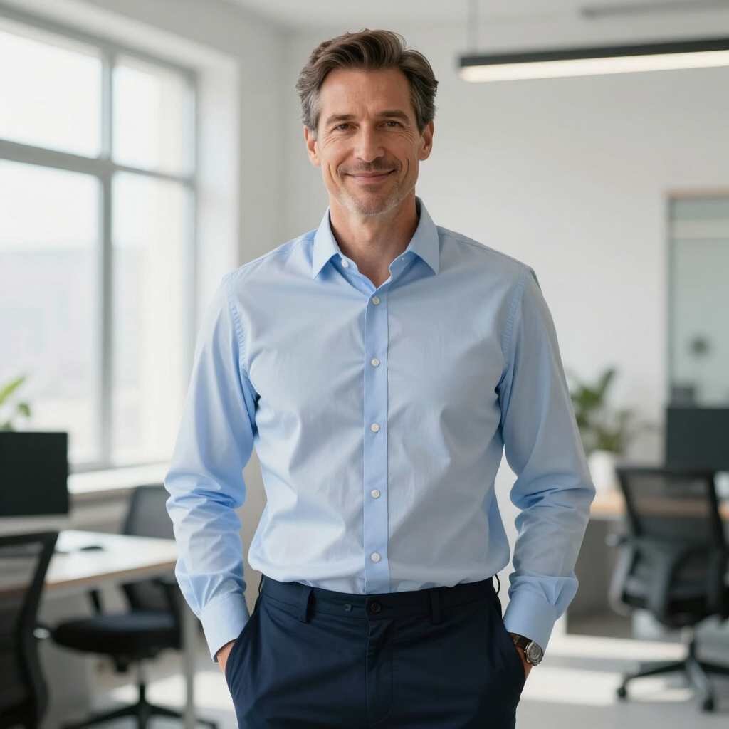 Man standing in a bright office, wearing a light blue shirt with hands in pockets and a slight smile