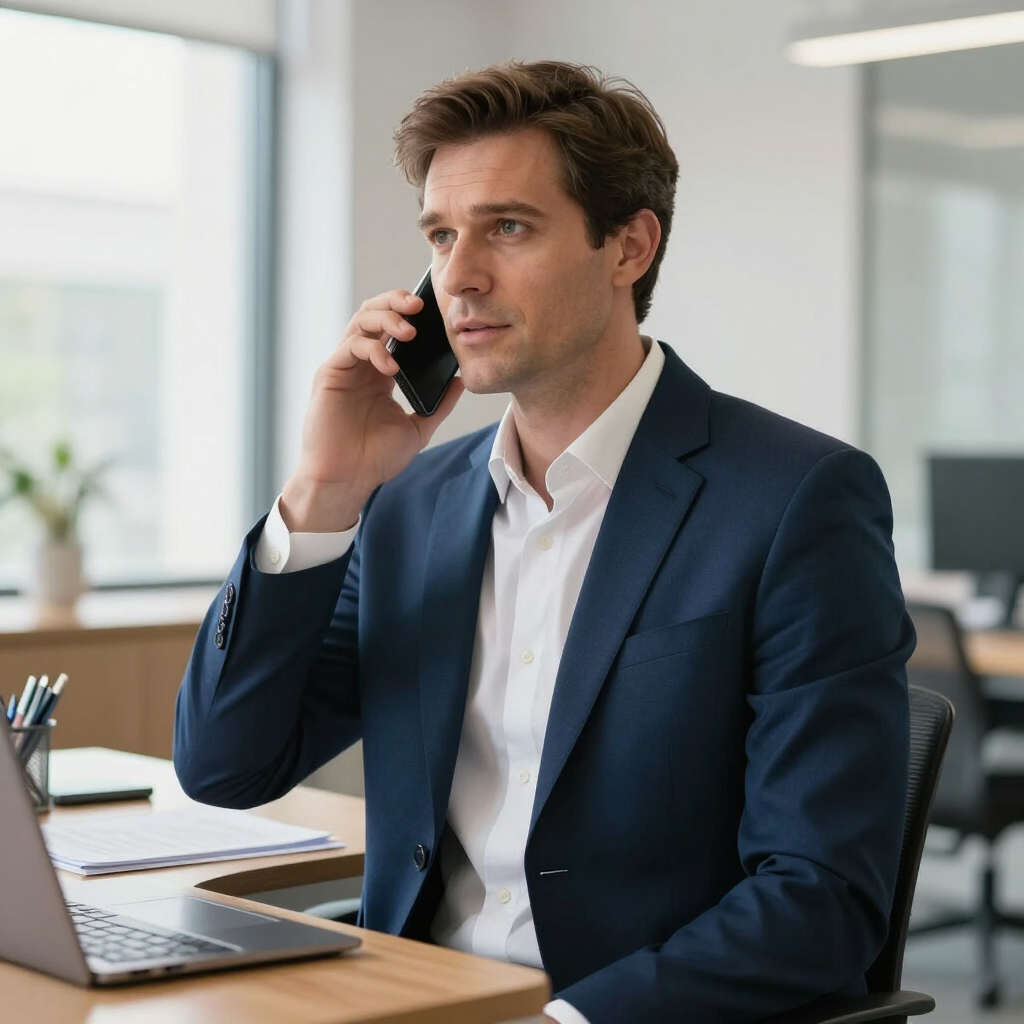 Man in a navy suit talking on a phone at a desk with a laptop in a bright office