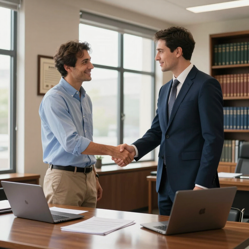Two professionals shaking hands in an office with laptops on a desk