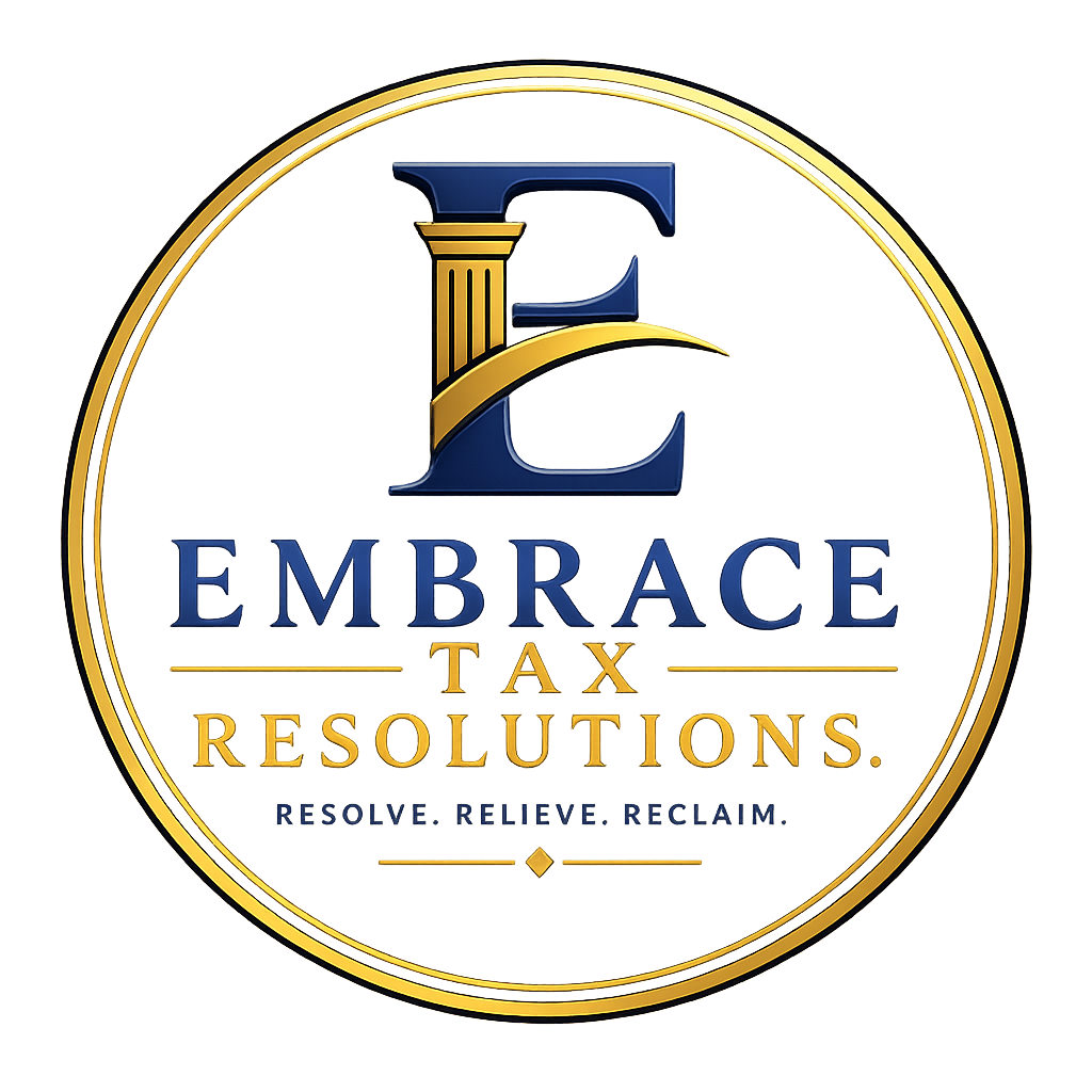 Logo for Embrace Tax Resolutions with gold and blue lettering in a circular emblem