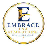 Logo for Embrace Tax Resolutions with gold and blue lettering in a circular emblem
