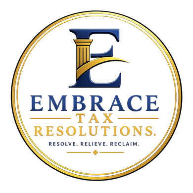 Logo for Embrace Tax Resolutions with gold and blue lettering in a circular emblem
