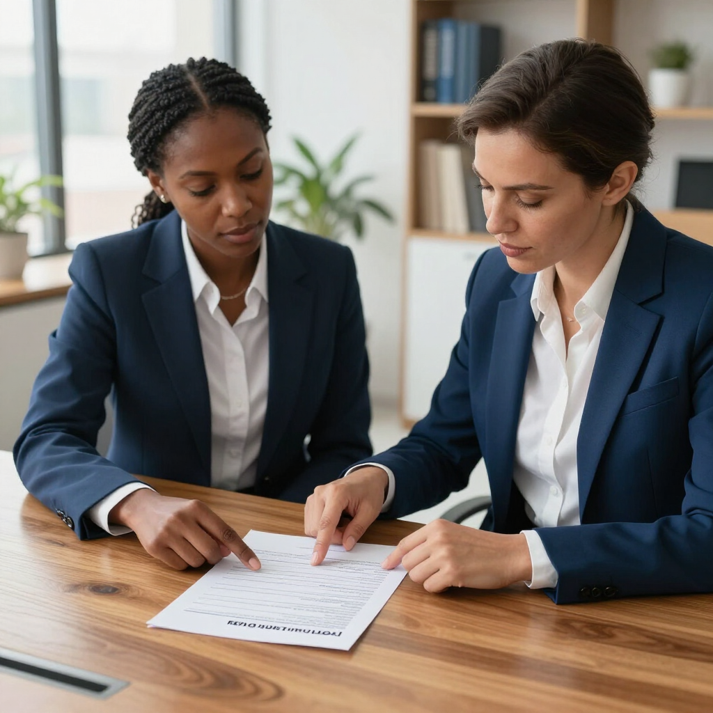 Two professionals in navy blazers reviewing a document together at a wooden table in an office.