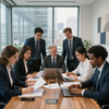 Business team in a conference room reviewing papers around a laptop at a wooden table.