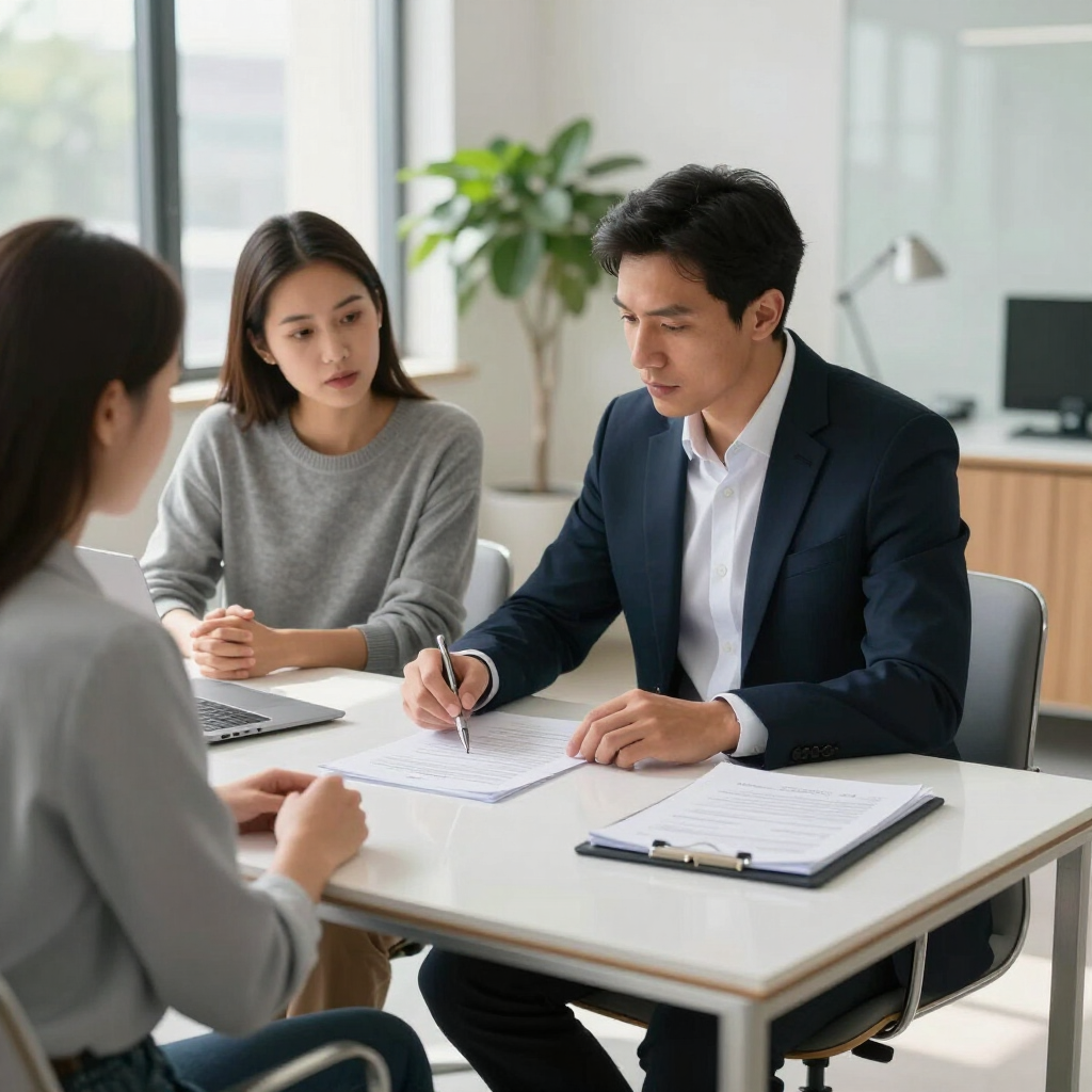 Three coworkers discussing documents at a conference table in a bright office