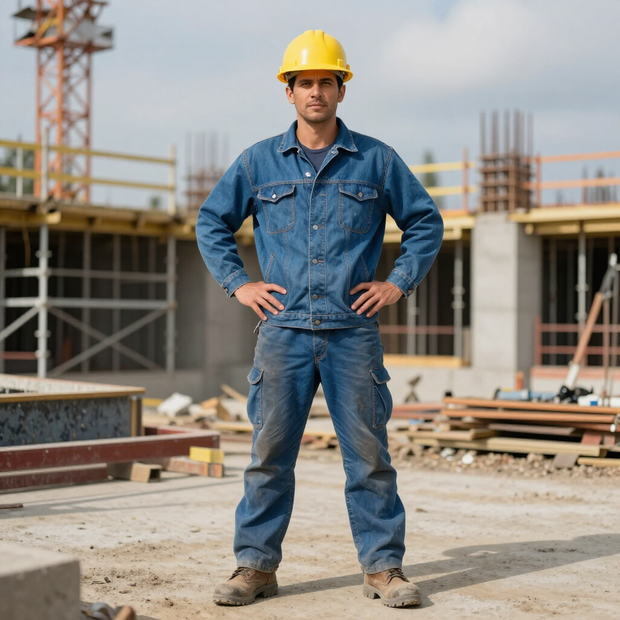 Construction worker in blue denim and yellow hard hat standing on a building site with hands on hips.